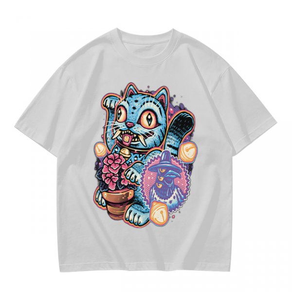 Olive T-Shirt With Maneki-Neko Sabertooth Cat And Crow Art