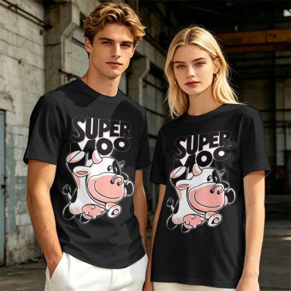 Olive green t-shirt with 'SUPER MOO' and cartoon cow graphic