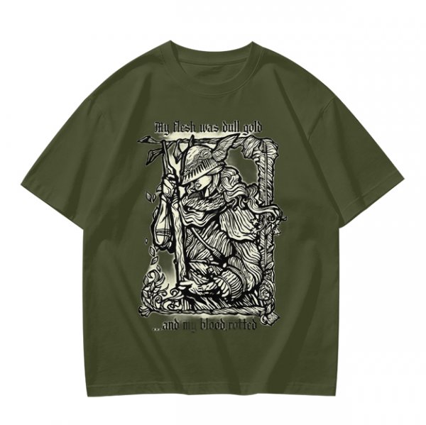 Olive t-shirt with medieval wanderer graphic and gothic text print