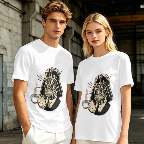 Olive T-shirt with Darth Vader holding a steaming coffee cup