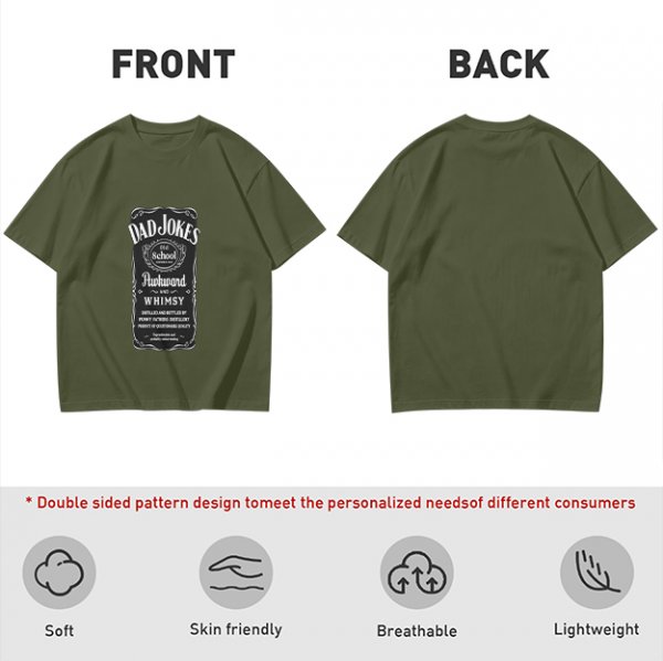 Olive Green T-Shirt with Dad Jokes Whiskey Label Style Graphic