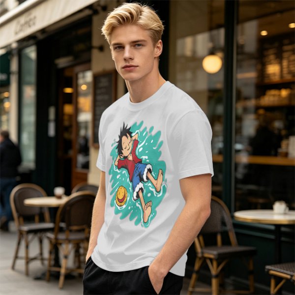 Olive anime t-shirt with Luffy relaxing in water print