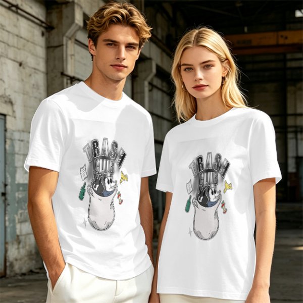 Olive graphic t-shirt with Trash Club raccoon and panda in trash can print