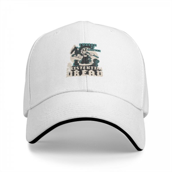 Black baseball cap with 'Fueled by Coffee & Existential Dread' grim reaper graphic