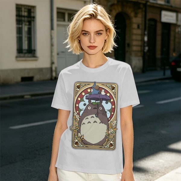 Olive Green T-Shirt With My Neighbor Totoro Art Nouveau Print