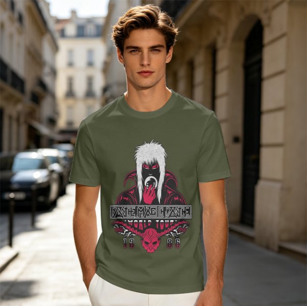 Olive graphic tee with dark fantasy character and tour print