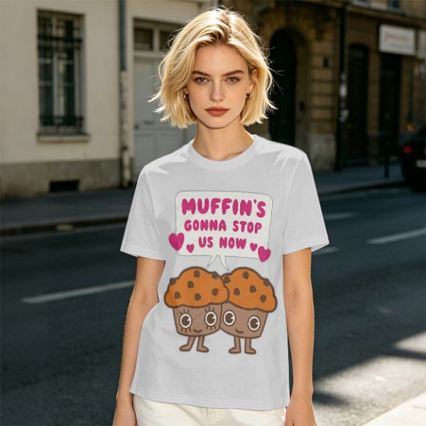 Olive t-shirt with cute muffin graphic and playful text design