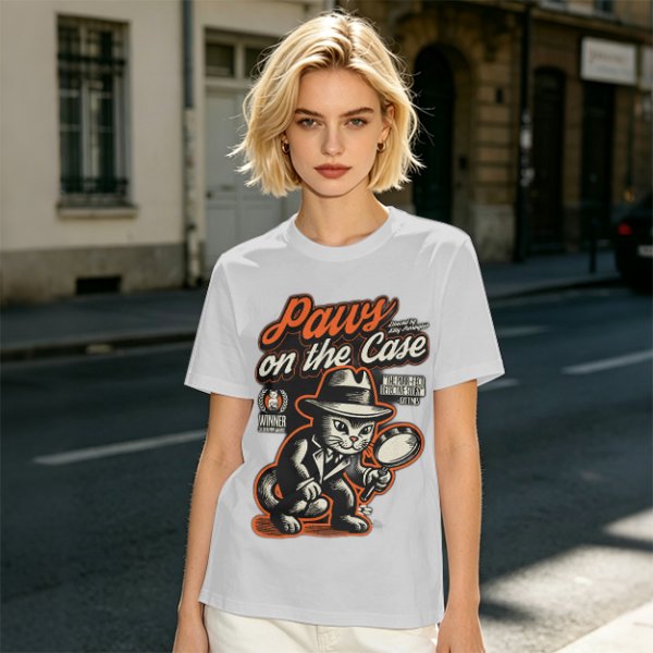 Olive t-shirt with detective cat 'Paws on the Case' graphic