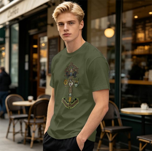 Olive Graphic T-Shirt With Anchor And Animal Head Emblem Print