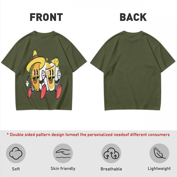 Olive T-Shirt with Cartoon Taco and Beer Graphic