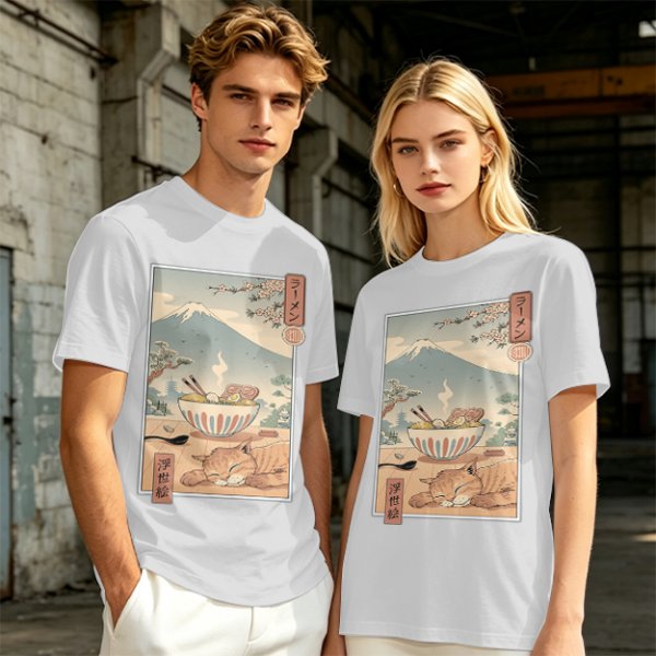 Olive t-shirt with ukiyo-e style ramen cat and Mount Fuji print
