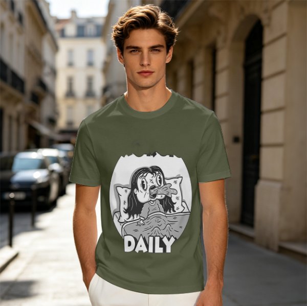 Olive green graphic t-shirt with bedridden cartoon girl and 'DAILY' text