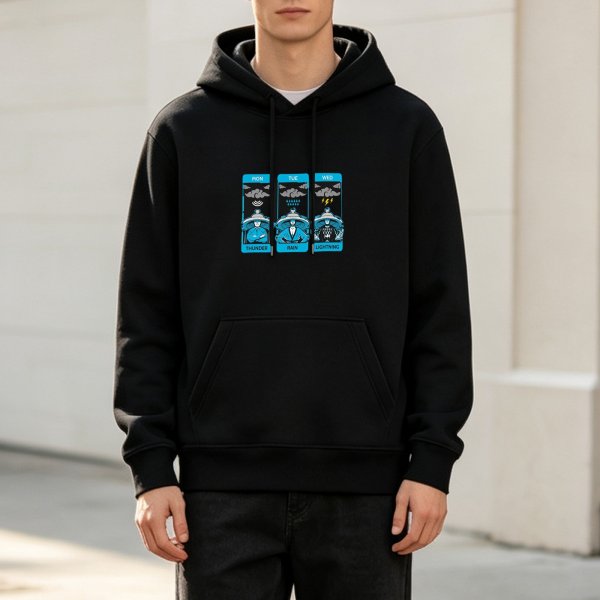Black hoodie with three day weather tarot-style graphic print