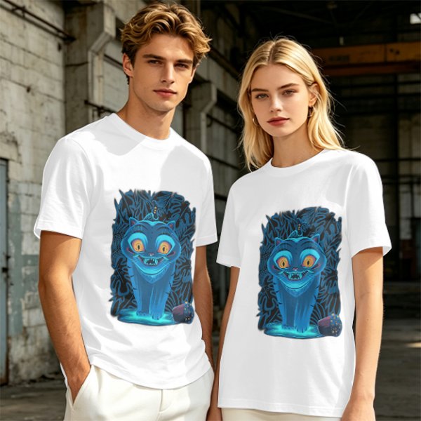Olive T-shirt with Glowing Blue Cheshire Cat Graphic
