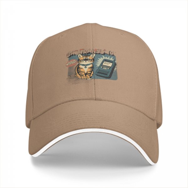 Black baseball cap with retro grumpy tabby cat and old mobile print