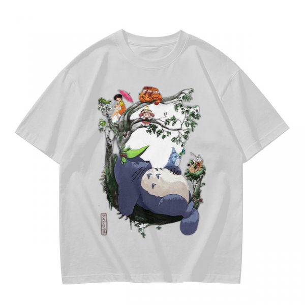 Olive green t-shirt with My Neighbor Totoro forest scene print