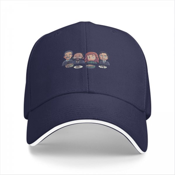 Black baseball cap with cartoon characters eating at table print