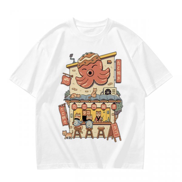 Olive T-Shirt with Octopus Takoyaki Shop Cat Art Print