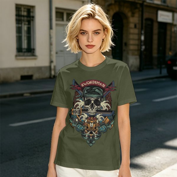 Olive Green Swordsman Skull Graphic Short Sleeve T-Shirt