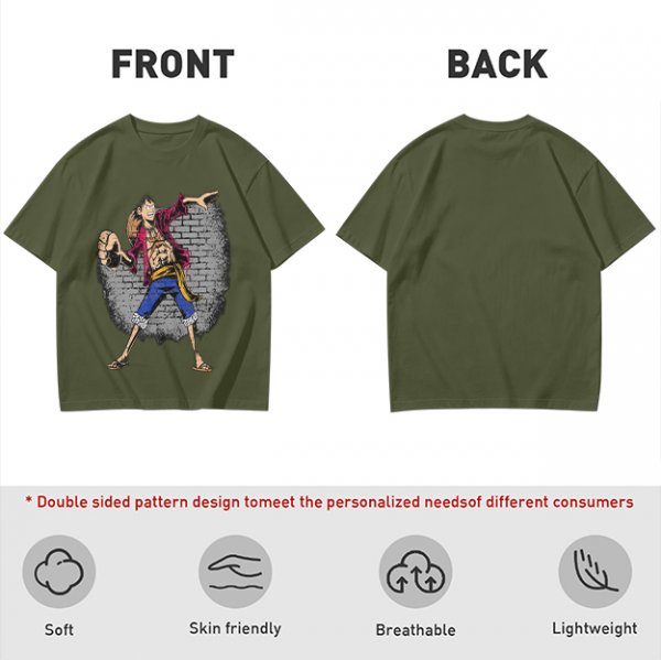 Olive T-Shirt with Monkey D Luffy Breaking Through Brick Wall Art