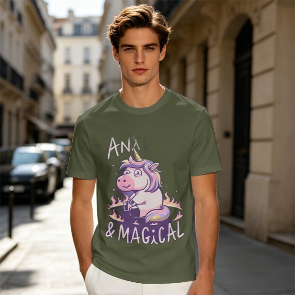 Anxious Magical Unicorn Graphic Olive T-Shirt