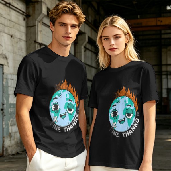 Olive T-shirt with Worn Burning Earth Graphic and 'Fine Thanks' Text