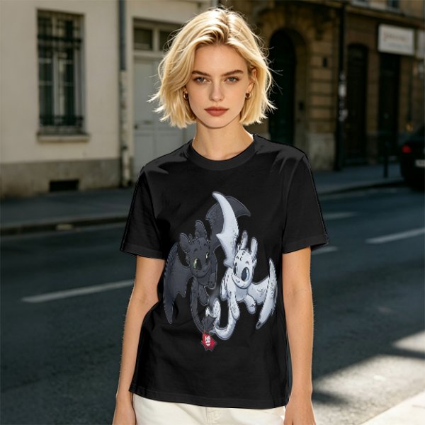 Olive T-Shirt Featuring Toothless and Light Fury Dragons