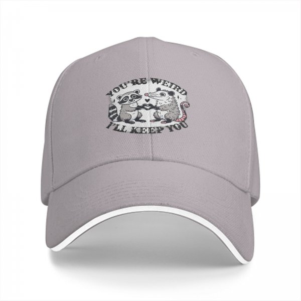 Black baseball cap with raccoon and opossum weird love graphic