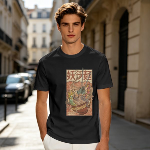 Olive T-shirt with Vintage Yokai Ramen Bowl Graphic Print