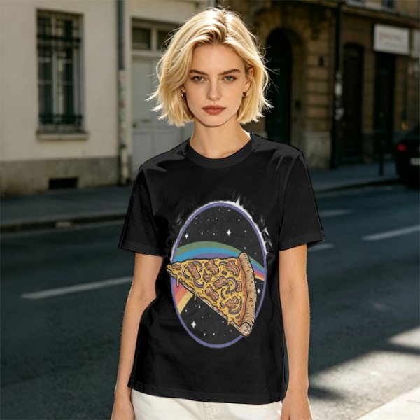 Olive t-shirt with space pizza graphic and Houston have pizza text
