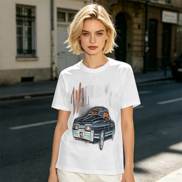 Olive Green Graphic T-Shirt with Classic Dark Car and Orange Text Print