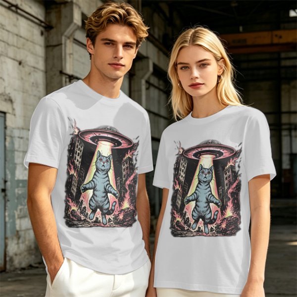 Olive T-Shirt with UFO Abducting Cat Over Burning City