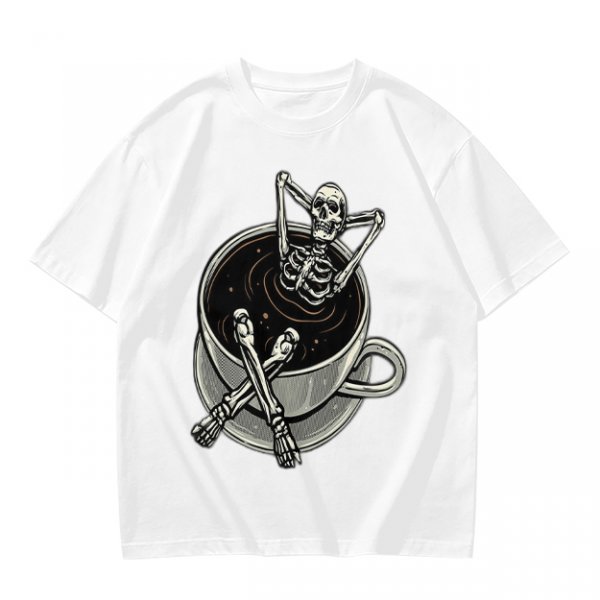Olive T-shirt with skeleton relaxing in coffee cup graphic