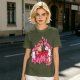 Olive green t-shirt with cute cats and love hearts graphic