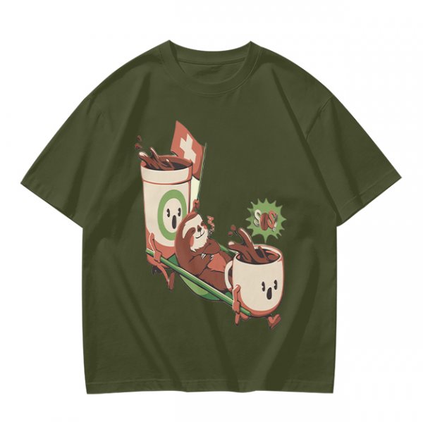 Olive green graphic tee with a sloth relaxing between anthropomorphic coffee mugs