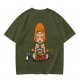 Olive T-shirt with cartoon muscular character meditating surrounded by candles