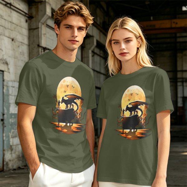 Olive T-Shirt With Dragon Silhouette Full Moon Graphic Print