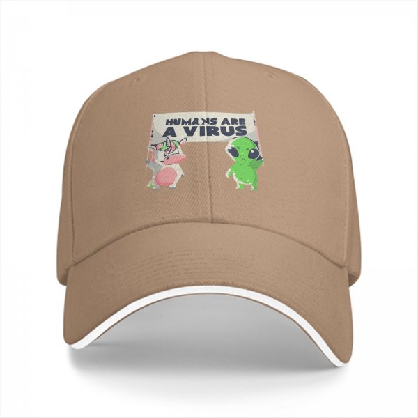 Black baseball cap with 'Humans Are A Virus' alien unicorn graphic