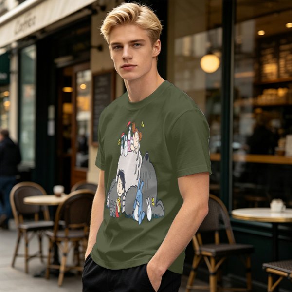 Olive T-shirt with whimsical forest spirit and children graphic print