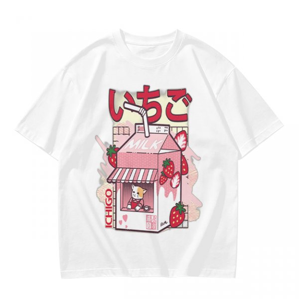 Olive T-Shirt with Strawberry Milk Carton Cat Shop Graphic