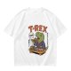 Olive T-shirt with cartoon T-Rex holding small dinosaurs and RAWR text