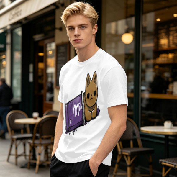 Olive T-shirt with a cartoon cat emerging from a purple chocolate wrapper print