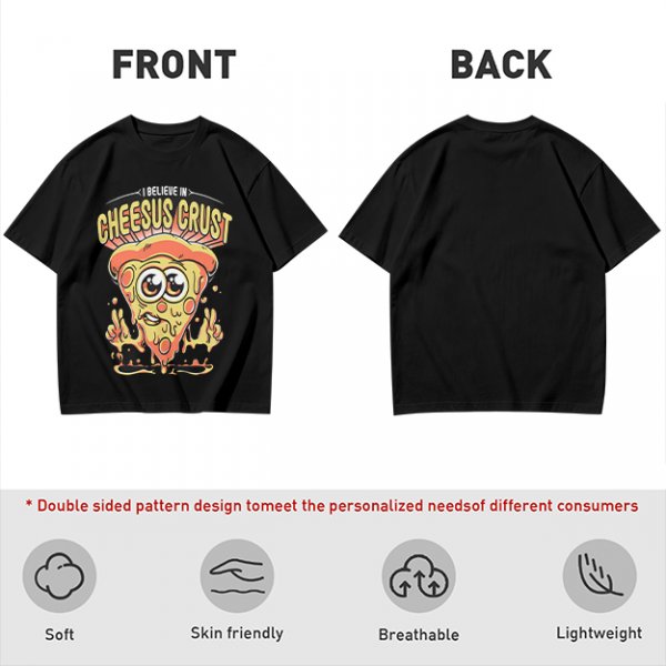 Olive t-shirt with 'I Believe In Cheesus Crust' pizza graphic