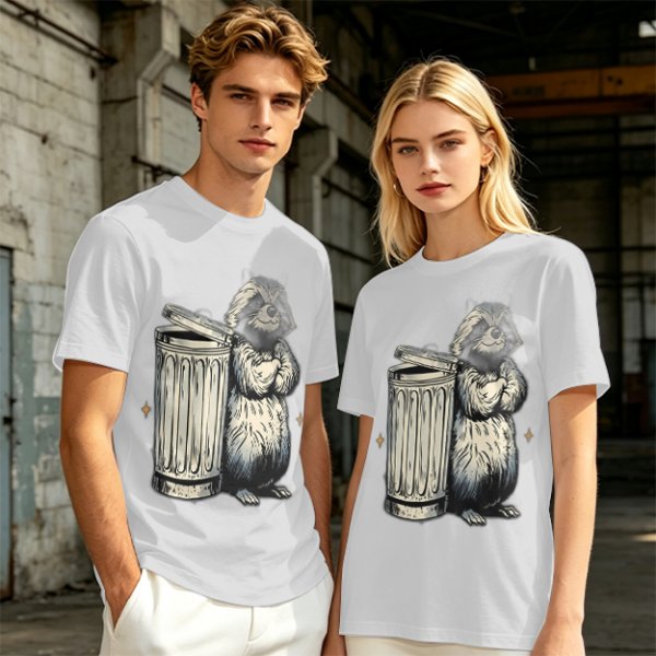 Olive Green T-Shirt With Raccoon Standing Next To Trash Can Graphic