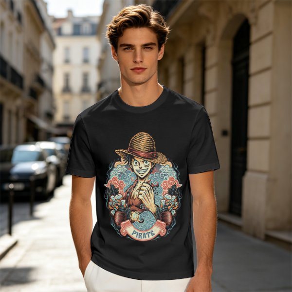 Olive T-Shirt Featuring Monkey D. Luffy Pirate Anime Art