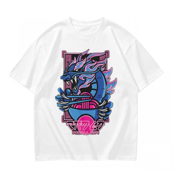Olive T-Shirt With Neon Blue Dragon Holding Ramen Chopsticks Art
