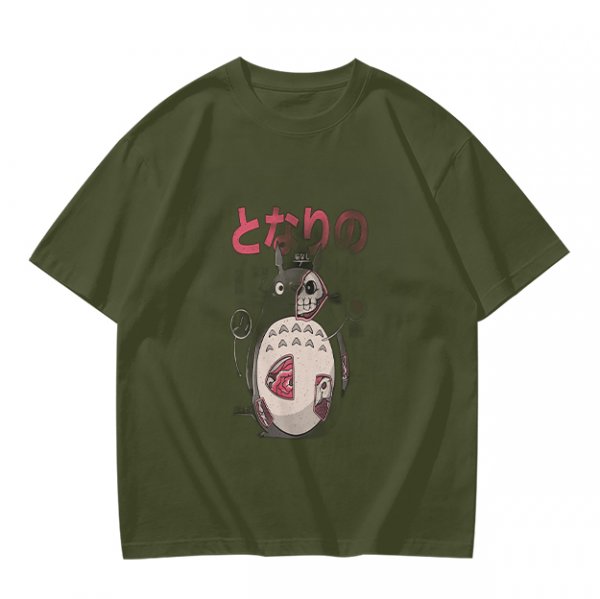 Olive T-shirt with horror stylized Totoro graphic and Japanese text