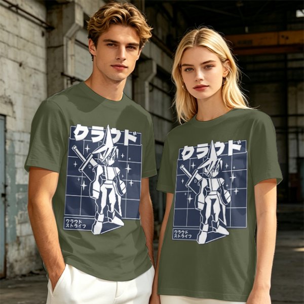 Olive t-shirt with stylized anime warrior graphic and Japanese text