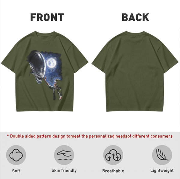 Olive Green Alien Moon Reaching Graphic T-Shirt