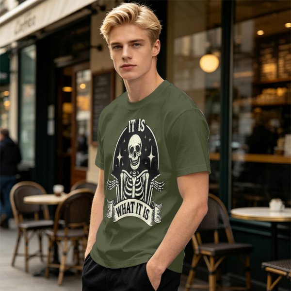 Olive t-shirt with skeleton graphic and 'It Is What It Is' text